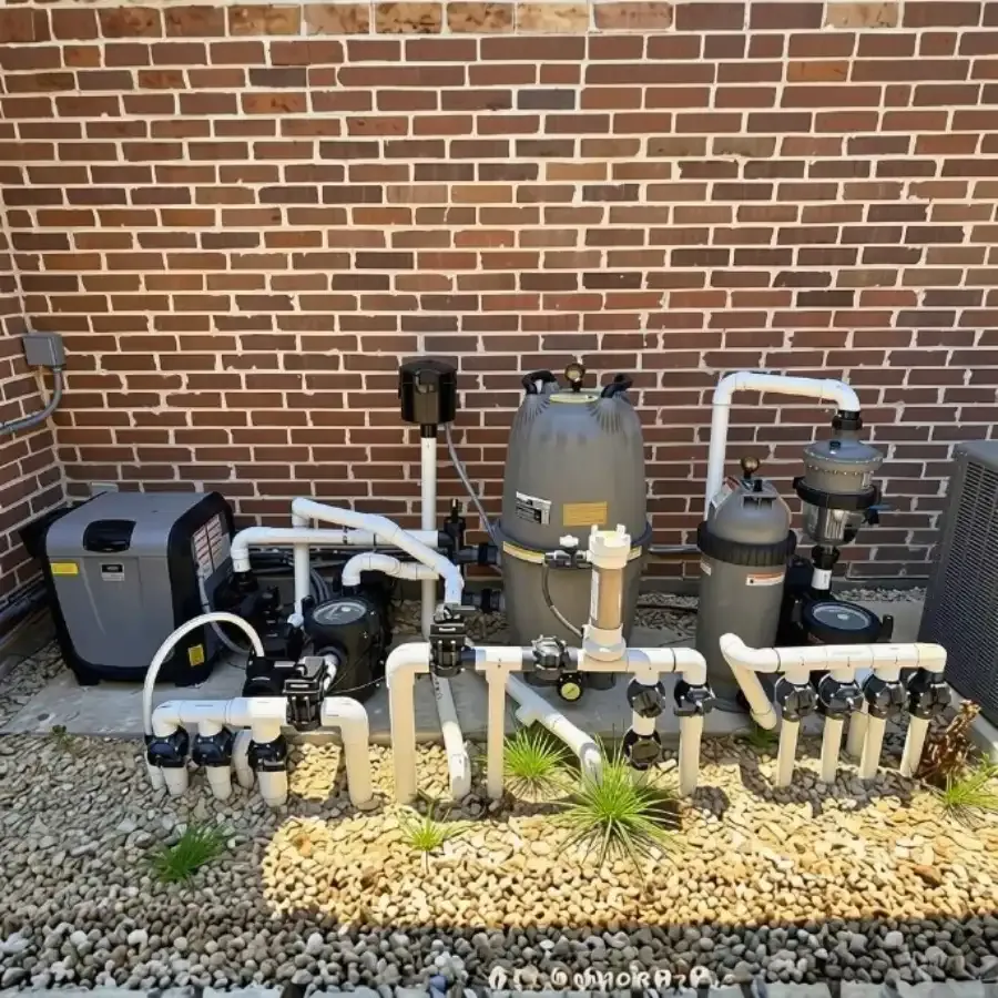 A pool equipment pad beside a brick wall
