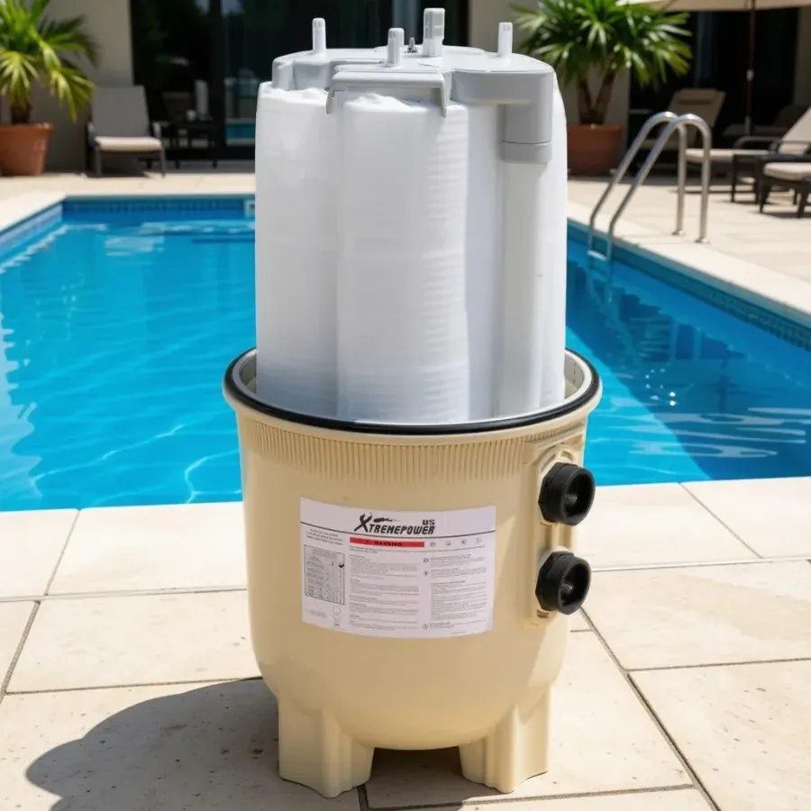 A cartridge pool filter on a pool deck