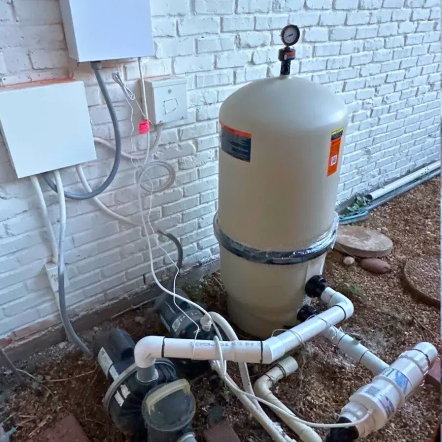 A newly installed pool filter and plumbing