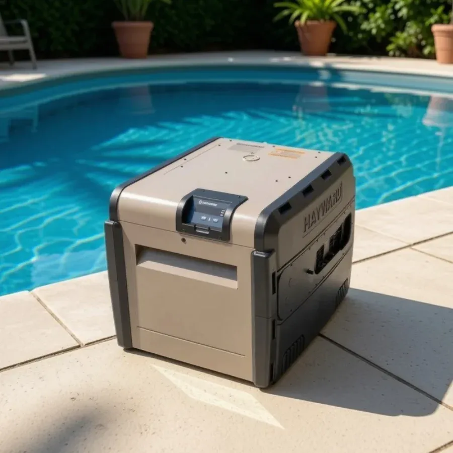 A pool heater on a pool deck