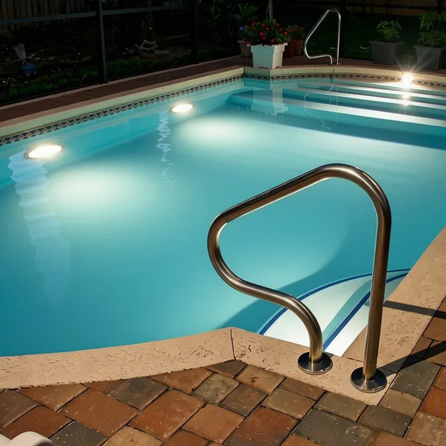 A pool lit up at night