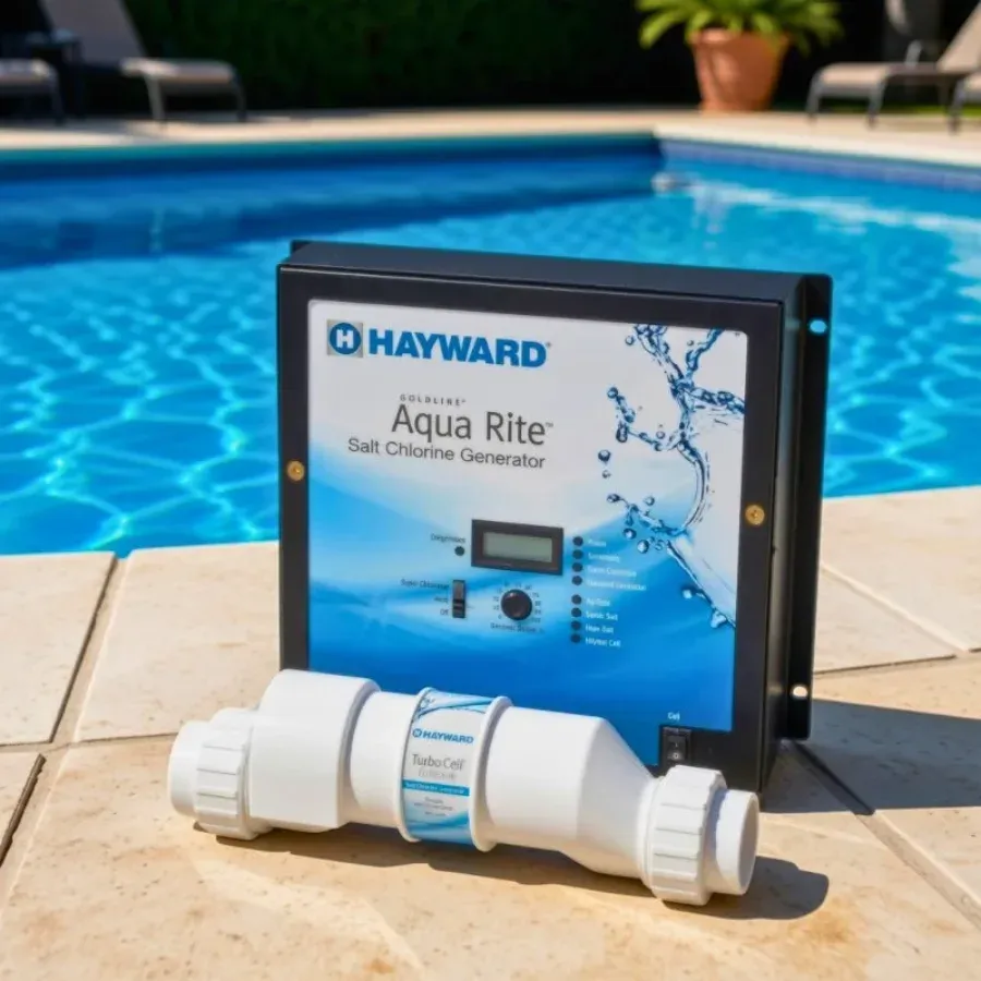 A salt water chlorine generator control box by a pool