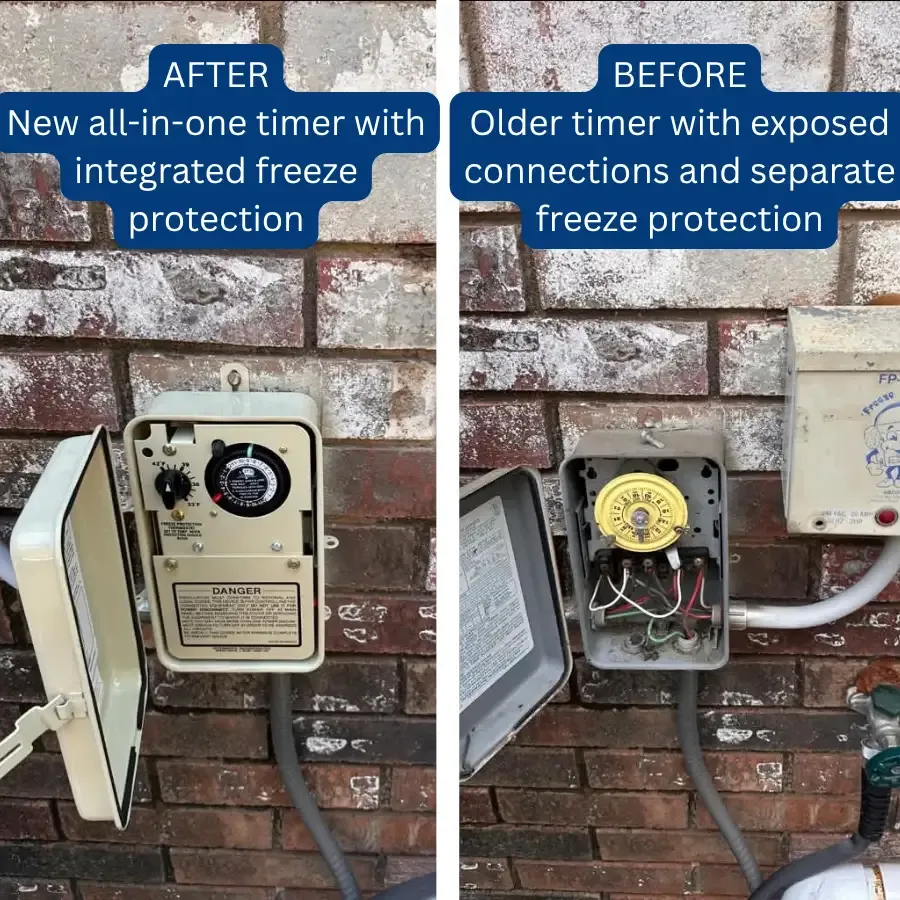 An old pool timer next to its new replacement