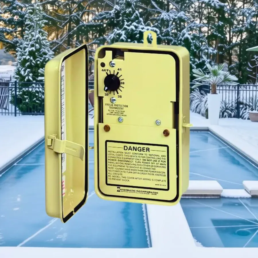 A pool control box with frost on it